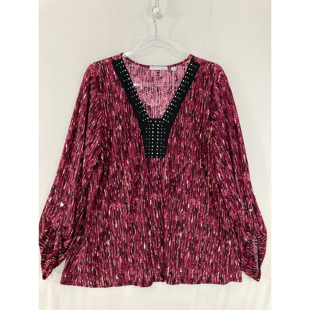 Notations Tunic Top 1X Burgundy Abstract Studded V-Neck Stretch Knit Comfy